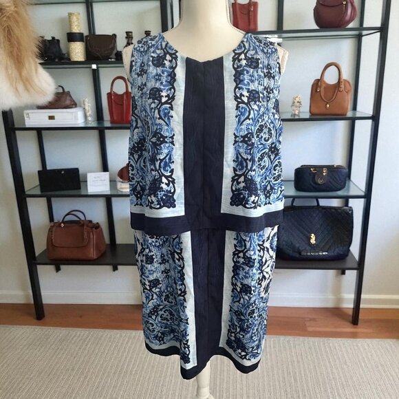MICHAEL KORS Blue Striped Brocade Print Tiered Dress Size 14 - Picture 1 of 8